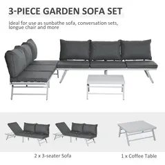 Outsunny 3 Pieces Garden Furniture Sets, 6 Seater Corner Sofa Set with Adjustable Backrest Chase Lounge with Slatted Metal Top Table, Padded Cushion, Grey - 4