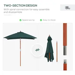 Outsunny 2m x 1.5m Garden Parasol Umbrella with Tilting Sunshade Canopy, Outdoor Market Table Umbrella with Wood and Bamboo Frame, Green - 7