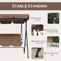 Outsunny 3 Seater Garden Swing Chair, Outdoor Swing Chair with Adjustable Canopy, Mental Frame & Cushions, Brown - 5