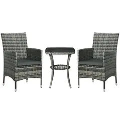 Outsunny 3 Pieces Rattan Bistro Set, Wicker Garden Furniture Set with 2-Tier Coffee Table and Chairs, Washable Cushions, for Outdoor Patio Balcony, Mixed Grey - 1