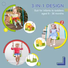 Outsunny 3 in 1 Detachable Kids Swing Seat with Safety Belt, Adjustable Rope for Indoor, Outdoor, Playground, Garden, Green - 4