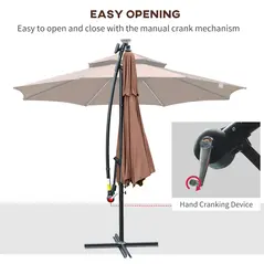 Outsunny 3(m) Cantilever Banana Parasol Hanging Umbrella with Double Roof, LED Solar lights, Crank, 8 Sturdy Ribs and Cross Base for Outdoor, Garden, Patio, Coffee - 5