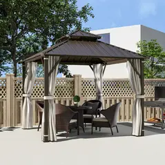 Outsunny 3 x 3(m) Hardtop Gazebo Canopy with Double Metal Roof, Waterproof Permanent Pavilion Garden Gazebo with Netting and Curtains, Easy to Assemble - 2