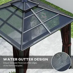 Outsunny 3 x 3(m) Hardtop Gazebo Canopy with 7mm Double Polycarbonate Roof, Garden Gazebo Permanent Pavilion with Mosquito Netting and Curtains for Patio, Deck, Brown - 6