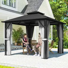 Outsunny 3 x 3(m) Hardtop Gazebo Canopy with UPF30+ Double Polycarbonate Roof, Aluminium Frame Garden Gazebo Permanent Pavilion with Mosquito Netting and Curtains for Patio, Deck, Grey - 2