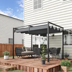 Outsunny 3 x 2m Metal Outdoor Pergola with Retractable Roof, Outdoor Gazebo Canopy Shelter with Drainage Holes for Garden, Patio, Lawn, Grey - 2