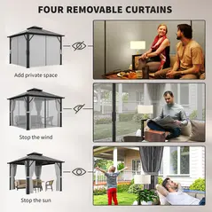 Outsunny 3 x 3(m) Hardtop Gazebo Canopy with UPF30+ Double Polycarbonate Roof, Aluminium Frame Garden Gazebo Permanent Pavilion with Mosquito Netting and Curtains for Patio, Deck, Grey - 6