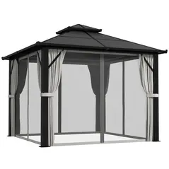 Outsunny 3 x 3(m) Hardtop Gazebo Canopy with UPF30+ Double Polycarbonate Roof, Aluminium Frame Garden Gazebo Permanent Pavilion with Mosquito Netting and Curtains for Patio, Deck, Grey - 1