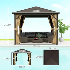Outsunny 3 x 3(m) Metal Hardtop Gazebo, with Curtains and Accessories - Brown - 3