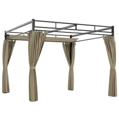 Outsunny 3 x 3 m Pergola with Retractable Roof Canopy and Curtains, UPF30+ Metal Frame Garden Pergola Gazebo Sun Shade, Khaki - 1