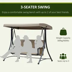 Outsunny 3 Seater Garden Swing Seat Outdoor Swing Chair with High Back Design, Steel Frame, Side Pouches, Adjustable Canopy, Brown - 7