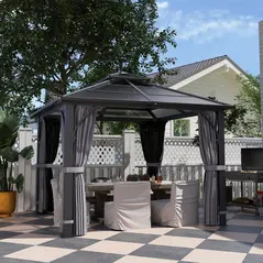 Outsunny 3 x 3(m) Hardtop Gazebo Canopy with 7mm Double Polycarbonate Roof, Garden Gazebo Permanent Pavilion with Mosquito Netting and Curtains for Patio, Deck, Dark Grey - 2