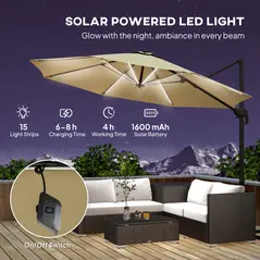 Outsunny 3(m) Adjustable Cantilever Parasol with Base, Solar LED Lights, Khaki - 4