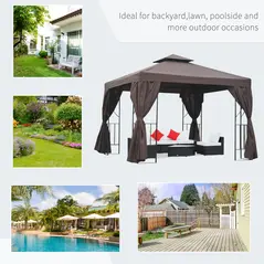 Outsunny 3 x 3 m Garden Gazebo Double Roof Marquee Patio Wedding Party Tent Canopy Shelter with Sidewalls (Brown) - 7