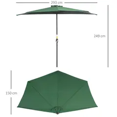 Outsunny 3(m) Half Parasol, Semi Round Umbrella with Metal Frame, Crank Handle for Balcony, Garden, Green - 3