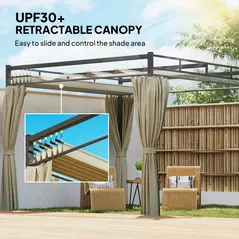 Outsunny 3 x 3 m Pergola with Retractable Roof Canopy and Curtains, UPF30+ Metal Frame Garden Pergola Gazebo Sun Shade, Khaki - 4