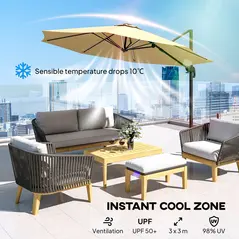 Outsunny 3(m) Adjustable Cantilever Parasol with Base, Solar LED Lights, Khaki - 5
