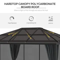 Outsunny 3 x 3.6m Hardtop Gazebo Canopy with Polycarbonate Roof, Aluminium Frame, Permanent Pavilion Garden Gazebo with Netting and Curtains for Patio, Deck, Dark Grey - 4