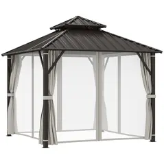 Outsunny 3 x 3(m) Hardtop Gazebo Canopy with Double Metal Roof, Waterproof Permanent Pavilion Garden Gazebo with Netting and Curtains, Easy to Assemble - 1