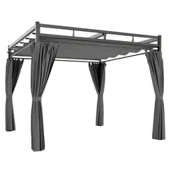 Outsunny 3 x 3 m Pergola with Retractable Roof Canopy and Curtains, UPF30+ Metal Frame Garden Pergola Gazebo Sun Shade, Dark Grey - 1