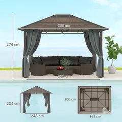 Outsunny 3 x 3.6m Hardtop Gazebo Canopy with Polycarbonate Roof Garden Pavilion with Removable Curtains and Steel Frame, Dark Grey - 3