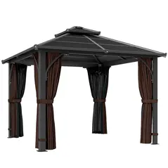 Outsunny 3 x 3(m) Hardtop Gazebo Canopy with 7mm Double Polycarbonate Roof, Garden Gazebo Permanent Pavilion with Mosquito Netting and Curtains for Patio, Deck, Brown - 1