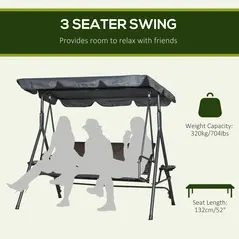Outsunny 3 Seater Swing Chair, Garden Swing Seat Bench with Adjustable Canopy, Rattan Seat and Steel Frame for Patio, Yard, Dark Grey - 4
