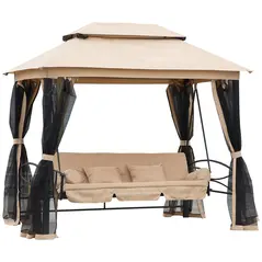 Outsunny 3 Seater Swing Chair 3-in-1 Convertible Garden Swing Seat Bed Gazebo Patio Bench Outdoor with Double Tier Canopy, Cushioned Seat, Mesh Sidewalls, Beige - 1
