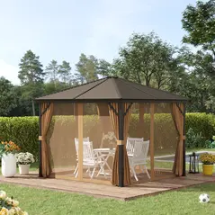 Outsunny 3 x 3(m) Metal Hardtop Gazebo, with Curtains and Accessories - Brown - 2