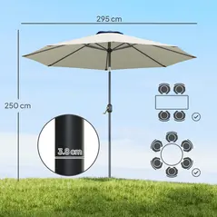 Outsunny 3(m) Tilting Parasol Garden Umbrellas, Outdoor Sun Shade with 8 Ribs, Tilt and Crank Handle for Balcony, Bench, Garden, Light Grey - 3