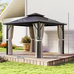 Outsunny 3 x 3(m) Hardtop Gazebo Canopy with UPF30+ Double Polycarbonate Roof, Aluminium Frame Garden Gazebo Permanent Pavilion with Mosquito Netting and Curtains for Patio, Deck, Beige - 3