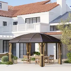 Outsunny 3 x 4m Hardtop Gazebo Canopy with Metal Roof, Aluminium Gazebo Permanent Pavilion with Netting and Curtains, Brown - 2