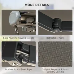 Outsunny 3 x 2.5 m Electric Awning with Remote Controller, Aluminium Frame DIY Retractable Awning, UV50+ Sun Shade Canopy for Garden Patio Deck Door Window, Light Grey - 7