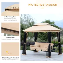 Outsunny 3 Seater Swing Chair 3-in-1 Convertible Garden Swing Seat Bed Gazebo Patio Bench Outdoor with Double Tier Canopy, Cushioned Seat, Mesh Sidewalls, Beige - 7
