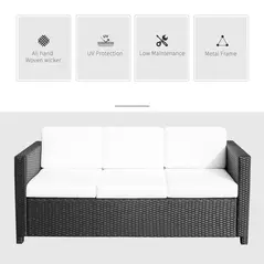 Outsunny 3 Seater Rattan Sofa All-Weather Wicker Weave Metal Frame Chair with Fire Resistant Cushion, Black - 4