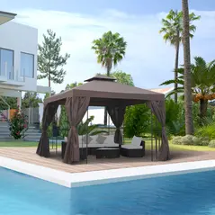 Outsunny 3 x 3 m Garden Gazebo Double Roof Marquee Patio Wedding Party Tent Canopy Shelter with Sidewalls (Brown) - 2