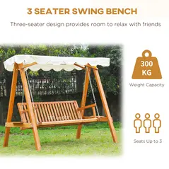 Outsunny 3 Seater Garden Swing Seat with Canopy, Wooden Swing Chair, Outdoor Hammock Bench for Balcony Patio Porch, Cream White - 6