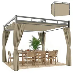 Outsunny 3 x 3 m Pergola with Retractable Roof Canopy and Curtains, UPF30+ Metal Frame Garden Pergola Gazebo Sun Shade, Khaki - 1