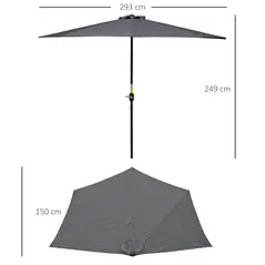 Outsunny 3(m) Half Parasol Semi Round Umbrella Patio Metal Frame Crank Handle for Balcony-- NO BASE INCLUDED, Grey - 3