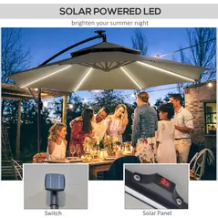 Outsunny 3(m) Cantilever Banana Parasol Hanging Umbrella with Double Roof, LED Solar lights, Crank, 8 Sturdy Ribs and Cross Base for Outdoor, Garden, Patio, Light Grey - 4
