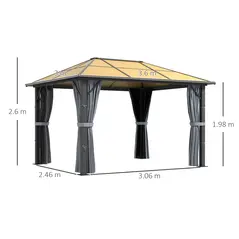Outsunny 3 x 3.6m Garden Aluminium Gazebo Hardtop Roof Canopy Marquee Party Tent Patio with Mesh Curtains & Side Walls - Grey - 3