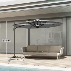 Outsunny 3(m) Cantilever Roma Parasol Patio Sun Umbrella with Crank & Tilt LED Solar Light Cross Base 360° Rotating Outdoor, Dark Grey - 3