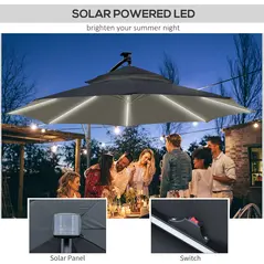 Outsunny 3(m) Cantilever Banana Parasol Hanging Umbrella with LED Solar lights, Crank, 8 Sturdy Ribs and Cross Base for Outdoor, Garden, Patio, Black - 4