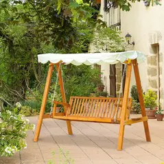 Outsunny 3 Seater Garden Swing Seat with Canopy, Wooden Swing Chair, Outdoor Hammock Bench for Balcony Patio Porch, Cream White - 2