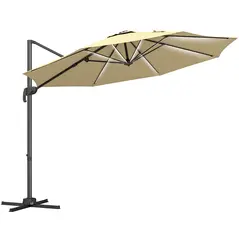 Outsunny 3(m) Adjustable Cantilever Parasol with Base, Solar LED Lights, Khaki - 1