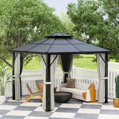 Outsunny 3 x 3(m) Hardtop Gazebo Canopy with UPF30+ Double Polycarbonate Roof, Aluminium Frame Garden Gazebo Permanent Pavilion with Mosquito Netting and Curtains for Patio, Deck, Grey - 8
