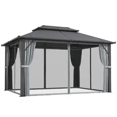 Outsunny 3 x 4m Hardtop Gazebo Canopy with UPF30+ Double Polycarbonate Roof, Aluminium Frame Garden Gazebo Permanent Pavilion with Mosquito Netting and Curtains for Patio, Deck, Grey - 1
