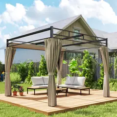 Outsunny 3 x 3 m Pergola with Retractable Roof Canopy and Curtains, UPF30+ Metal Frame Garden Pergola Gazebo Sun Shade, Khaki - 8