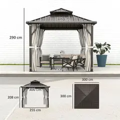 Outsunny 3 x 3(m) Hardtop Gazebo Canopy with Double Metal Roof, Waterproof Permanent Pavilion Garden Gazebo with Netting and Curtains, Easy to Assemble - 3