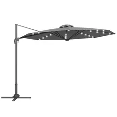 Outsunny 3(m) Cantilever Roma Parasol Patio Sun Umbrella with Crank & Tilt LED Solar Light Cross Base 360° Rotating Outdoor, Dark Grey - 1